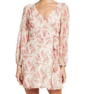 Lush Floral Long Sleeve Chiffon Wrap Dress
